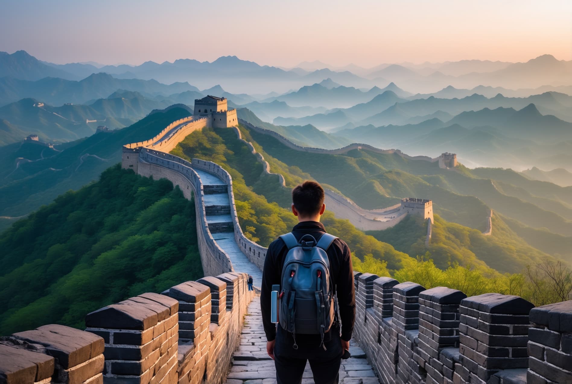 Traveller overlooking the Great Wall of China